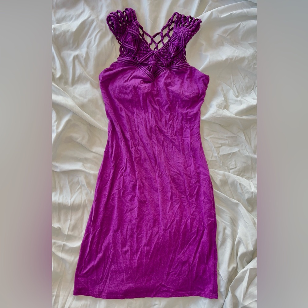 Purple cotton dress with woven neck